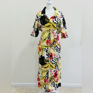 Next Dress  Floral Yellow Linen/ Cotton Full Button With Two Pockets Size‎ 14